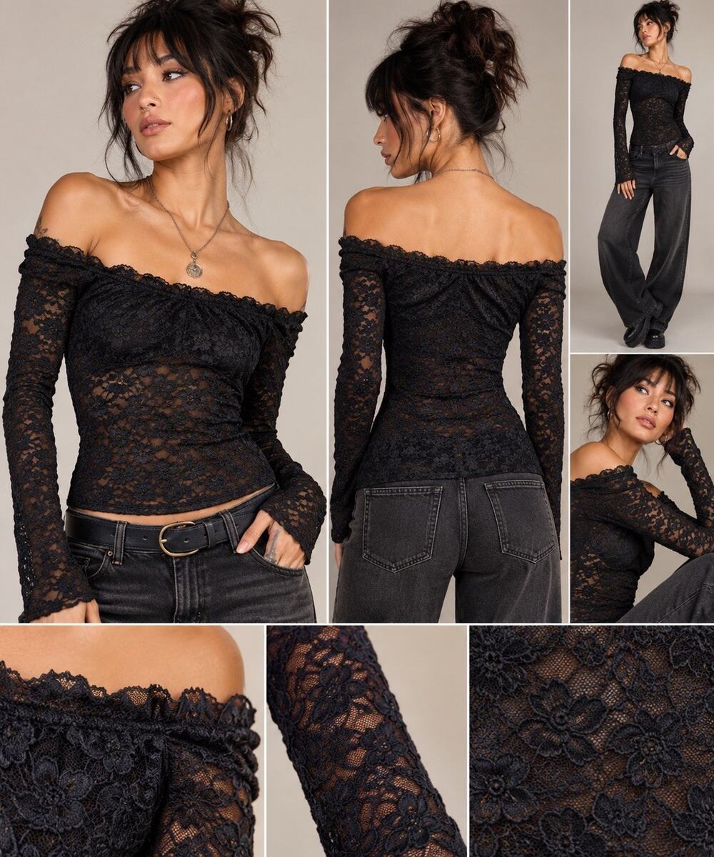 Black Floral Lace Off Shoulder Long Sleeve Sheer Goth Y2K Top XS
